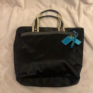 Coach Black Satin Canvas Tote with leather accents